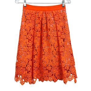 Whistles Women Lace Skirt Floral Eyelet Pleated Scalloped Hem‎ Lined Orange Sz 2